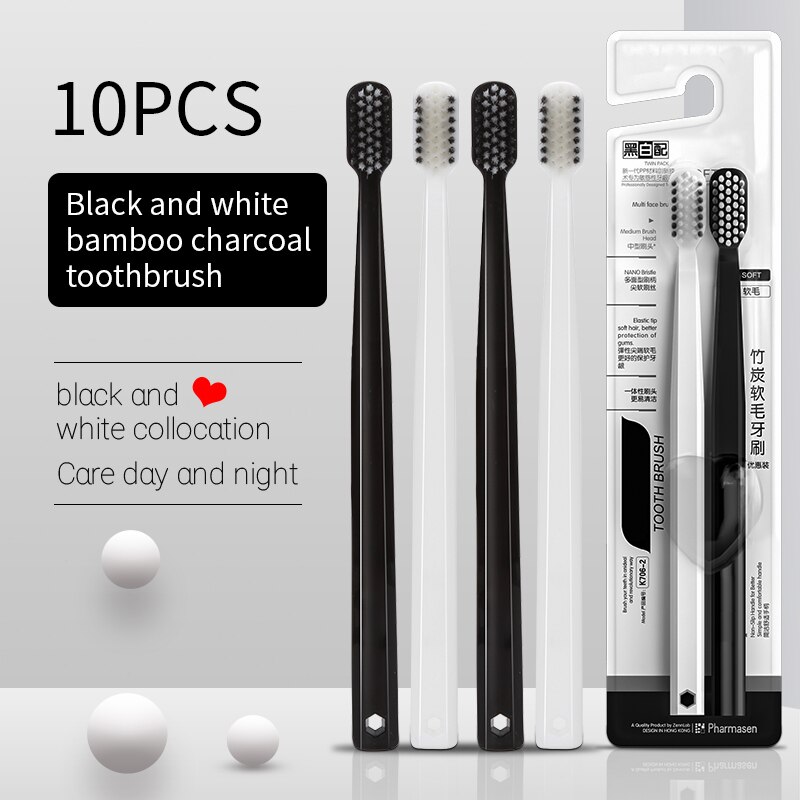 Bamboo Toothbrush Set - 10個竹炭ブラシシルクソフト毛歯ブラシ,黒と白の男性と女性の大人用歯ブラシ,ファミリーセット