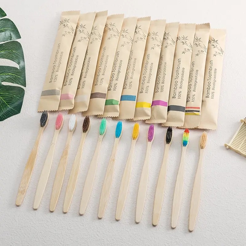 Bamboo Toothbrush Set - 10 パック天然竹歯ブラシ環境に優しいファミリーホテル炭竹木歯ブラシ大人子供用
