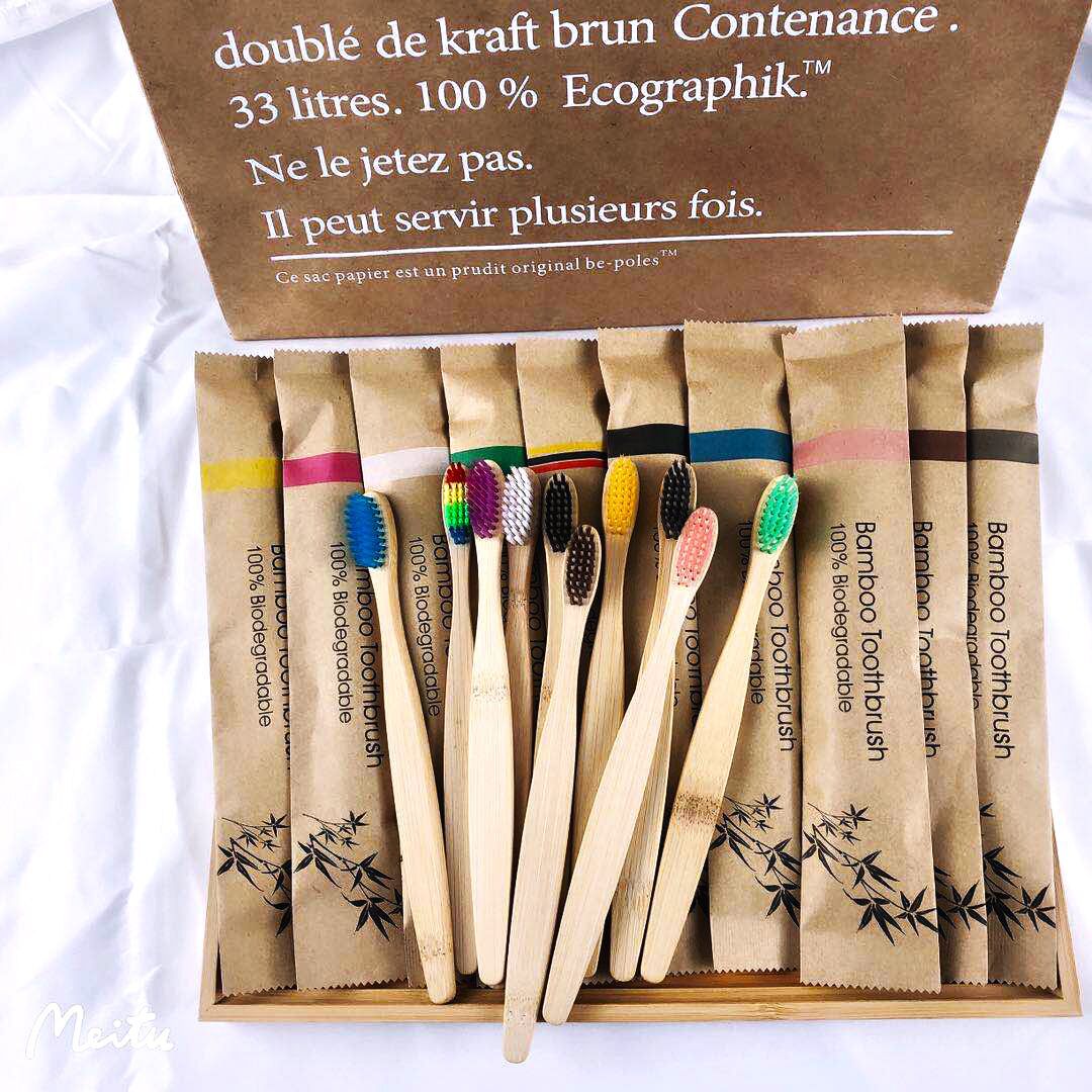 Bamboo Toothbrush Set - ランダムカラー 5/10本入り 竹製歯ブラシ 再利用可能 エコフレンドリー 木製