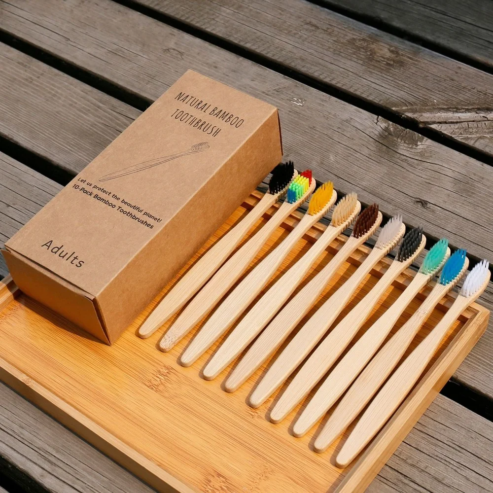 Bamboo Toothbrush Set - 10 個のカラフルな歯ブラシ天然竹歯ブラシセット柔らかい毛炭歯エコ竹歯ブラシ