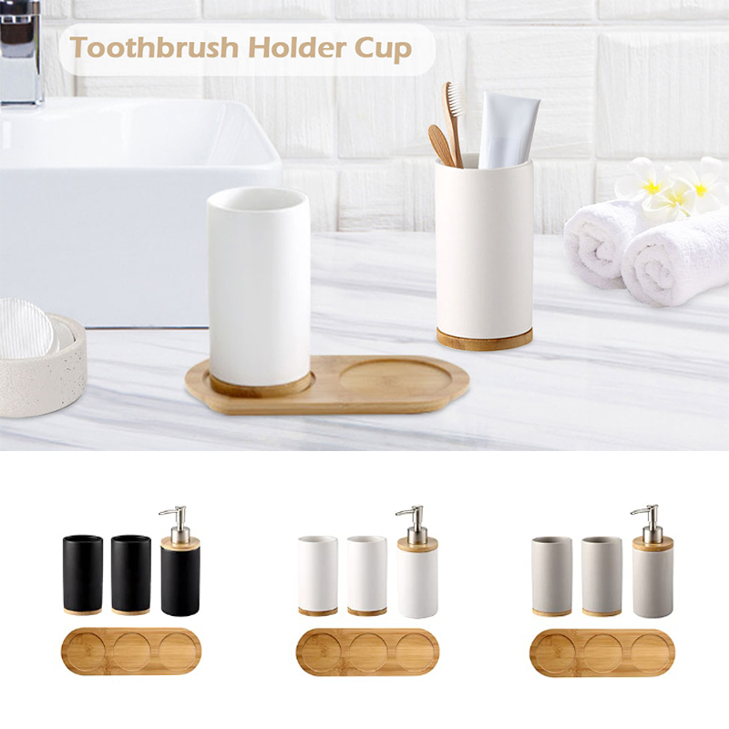 Bamboo Toothbrush Set - セラミックバスルームセットファインセラミックカップソープディスペンサー歯ブラシホルダーバスルームアクセサリー3点セット竹ベース装飾付き