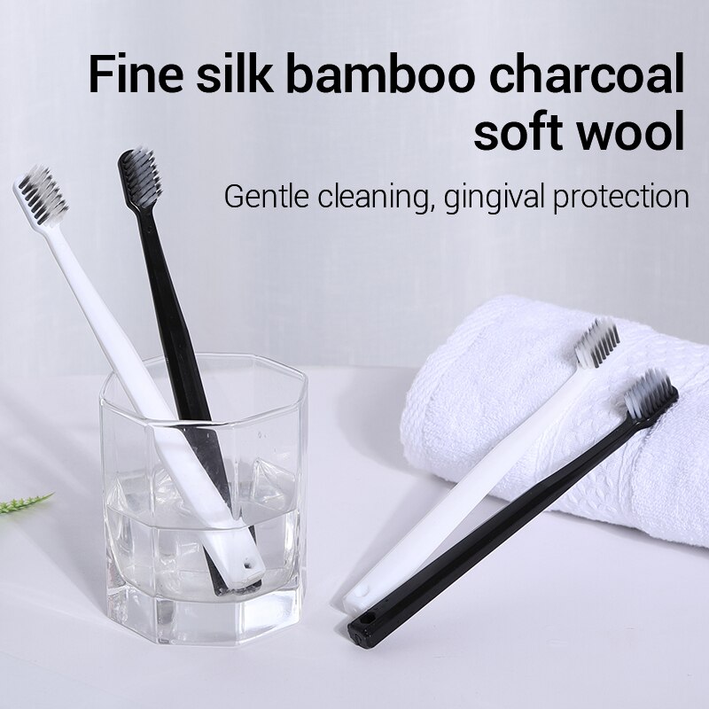 10個竹炭ブラシシルクソフト毛歯ブラシ,黒と白の男性と女性の - Bamboo Toothbrush Set のレビューと価格